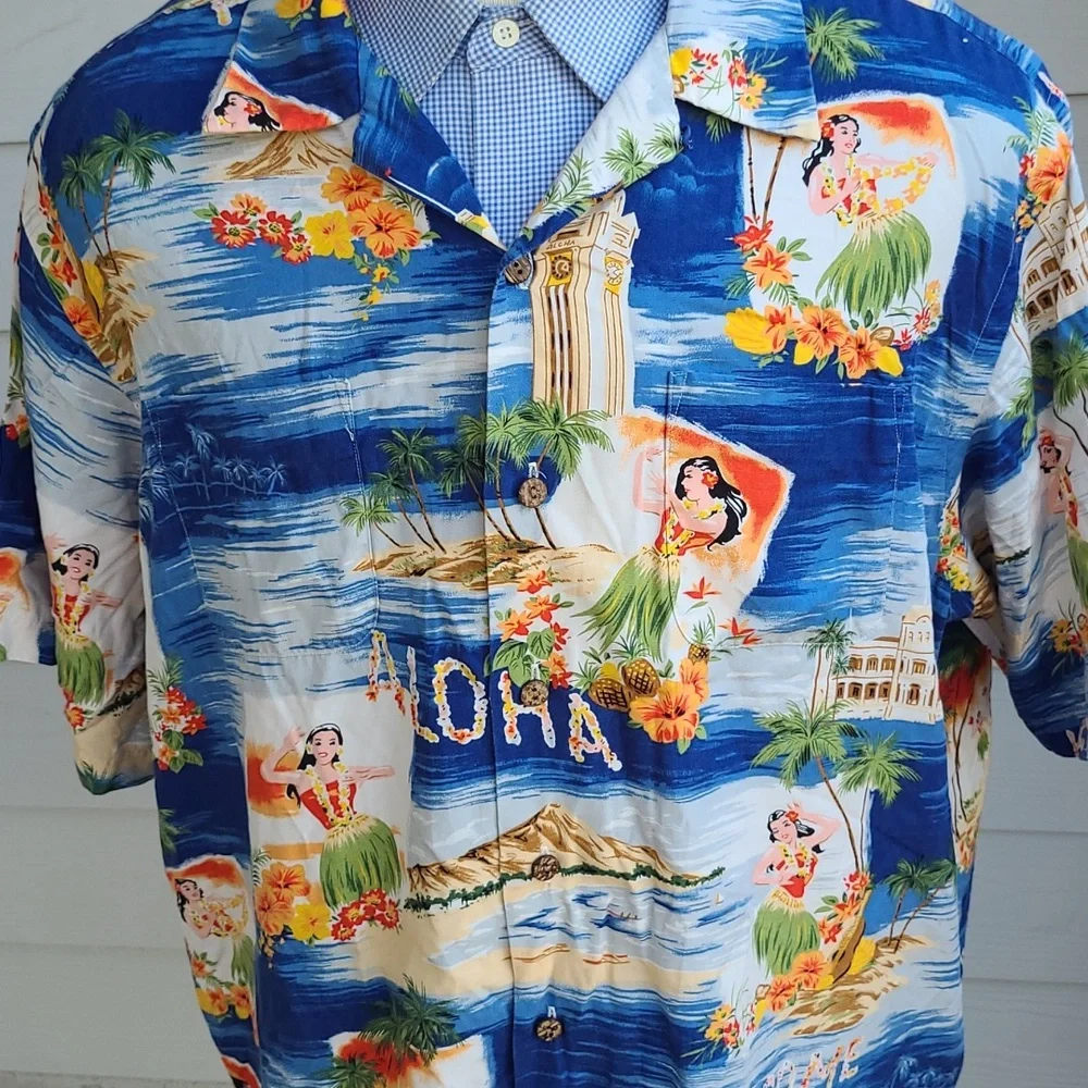 POLO RALPH LAUREN Vintage Camp Blue‎ Aloha Beach XL Short Sleeve Hawaiian Shirt
